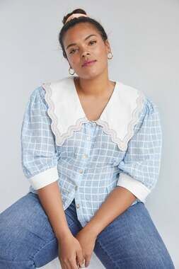 NWT Plenty by Tracy Reese Embroidered Plaid Blouse blue & white size 2X